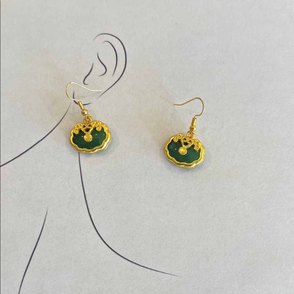 Green Jade Drop Earrings Gold Tone | Minimalist Dainty Stone Prosperity Jewelry